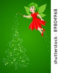 Vector illustration of a pixie making a Christmas tree from stardust