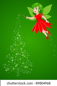 Vector illustration of a pixie making a Christmas tree from stardust