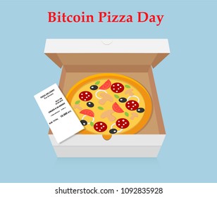 Vector illustration with pizza and bitcoin. May 22  Bitcoin Pizza Day. Worldwide Cryptocommunity holiday.  