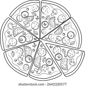 Vector illustration of pizza. Black and white vector illustration of food, highlighted on a white background. Illustration of food. Outline, coloring book.