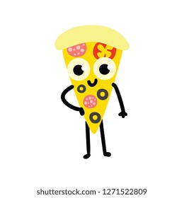 Vector illustration of pizza cartoon character in flat style - funny emoticon of triangular piece of fresh delicious traditional italian food with salami and vegetables isolated on white background.