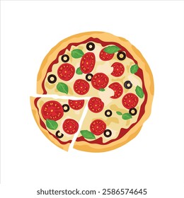 Vector illustration of pizza in cartoon flat style. Whole and chopped pizza icon. Italian cuisine with tomato, sausage, pepperoni and mushrooms. top view. Pizza with slice fast food