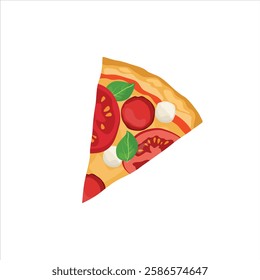 Vector illustration of pizza in cartoon flat style. Whole and chopped pizza icon. Italian cuisine with tomato, sausage, pepperoni and mushrooms. top view. Pizza with slice fast food