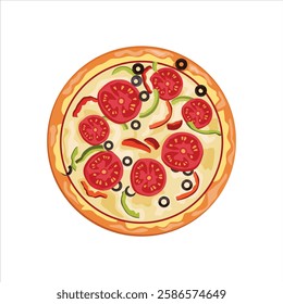 Vector illustration of pizza in cartoon flat style. Whole and chopped pizza icon. Italian cuisine with tomato, sausage, pepperoni and mushrooms. top view. Pizza with slice fast food