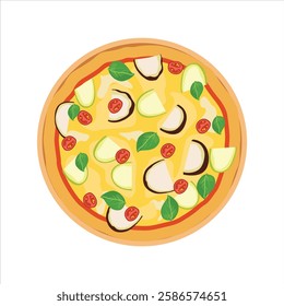 Vector illustration of pizza in cartoon flat style. Whole and chopped pizza icon. Italian cuisine with tomato, sausage, pepperoni and mushrooms. top view. Pizza with slice fast food