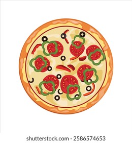 Vector illustration of pizza in cartoon flat style. Whole and chopped pizza icon. Italian cuisine with tomato, sausage, pepperoni and mushrooms. top view. Pizza with slice fast food