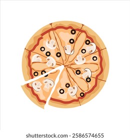 Vector illustration of pizza in cartoon flat style. Whole and chopped pizza icon. Italian cuisine with tomato, sausage, pepperoni and mushrooms. top view. Pizza with slice fast food