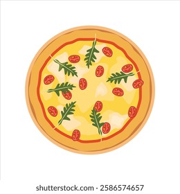 Vector illustration of pizza in cartoon flat style. Whole and chopped pizza icon. Italian cuisine with tomato, sausage, pepperoni and mushrooms. top view. Pizza with slice fast food