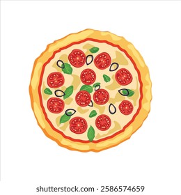 Vector illustration of pizza in cartoon flat style. Whole and chopped pizza icon. Italian cuisine with tomato, sausage, pepperoni and mushrooms. top view. Pizza with slice fast food