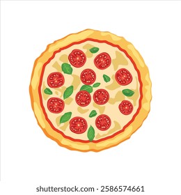 Vector illustration of pizza in cartoon flat style. Whole and chopped pizza icon. Italian cuisine with tomato, sausage, pepperoni and mushrooms. top view. Pizza with slice fast food