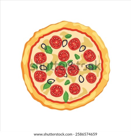 Vector illustration of pizza in cartoon flat style. Whole and chopped pizza icon. Italian cuisine with tomato, sausage, pepperoni and mushrooms. top view. Pizza with slice fast food