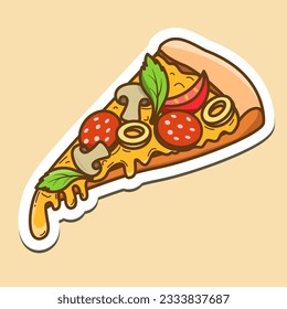 Ilustración vectorial de la pizza con queso, tomates, setas y pepperoni para pegatinas, fondo, huellas en ropa, restaurante, bar, comida rápida, empaque