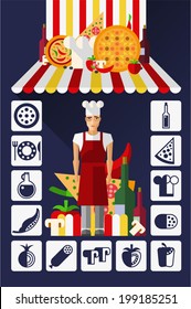 Vector illustration of a pizza, chef, food and kitchen icons set. Flat.