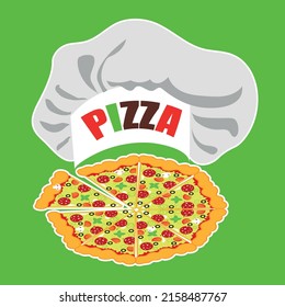 vector illustration of pizza and chef hat on green background