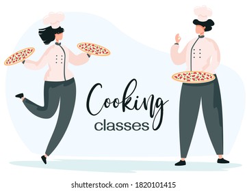 Vector illustration. Pizza chef. A man and a woman are preparing pizza. Pizza making master class concept. Cooking courses.