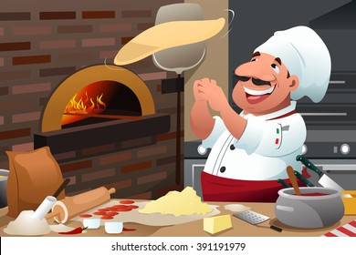 A Vector Illustration Of Pizza Chef Tossing Pizza Dough In The Air