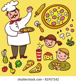 Vector Illustration With Pizza, Cook And Kids.