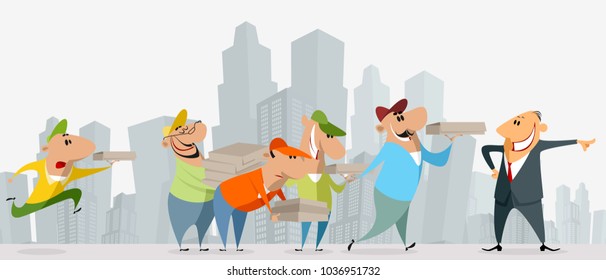 Vector illustration of pizza couriers and businessman