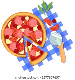 Vector illustration of pizza in a cut and a slice