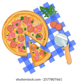 Vector illustration of pizza in a cut and a slice