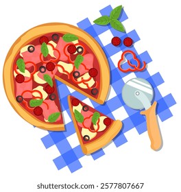 Vector illustration of pizza in a cut and a slice