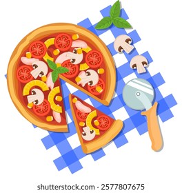 Vector illustration of pizza in a cut and a slice