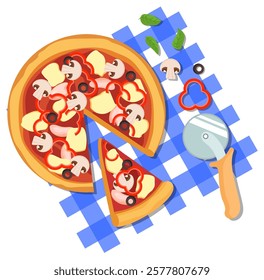 Vector illustration of pizza in a cut and a slice