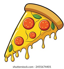 Vector illustration. Pizza cutout with melted cheese and pepperoni. Cartoon stickers in comic style with contour. Decoration for greeting cards, posters, patches, clothing prints, emblems