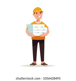 Vector illustration pizza dealer with pizza boxes in hands isolated