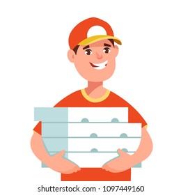 Vector illustration pizza dealer with pizza boxes in hands isolated