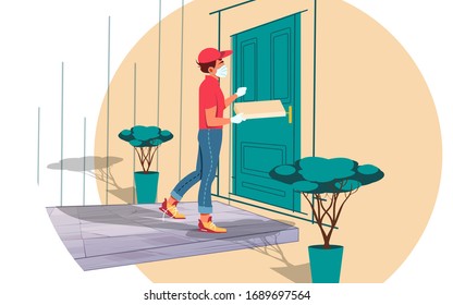 Vector illustration pizza delivery guy in a mask and gloves holding pizza box in one hand and knocking the house door.