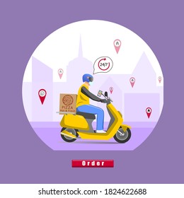 Vector illustration of pizza delivery.  Online ordering. For mobile app.