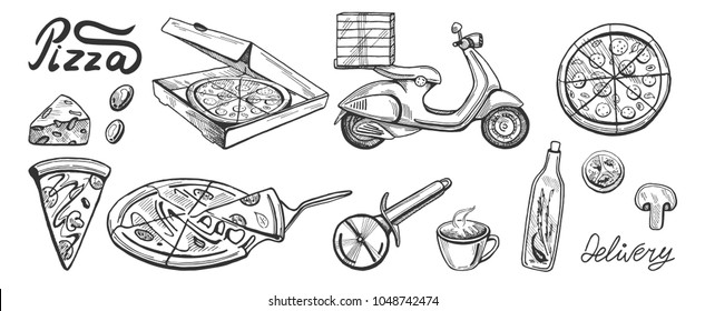 Vector illustration of a pizza delivery set. Slice, full, round, 24 hours delivery, knife, box, oil, olive, tomato, and bike. Vintage hand drawn engraving style.