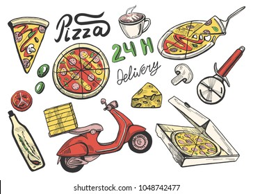 Vector illustration of a pizza delivery set. Slice, full, round, 24 hours delivery, knife, box, oil, olive, tomato, and bike. Vintage hand drawn engraving style.