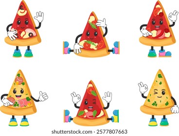 Vector illustration of pizza. Pizza emoticons. Cartoon pizza designs