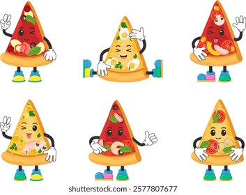 Vector illustration of pizza. Pizza emoticons. Cartoon pizza designs