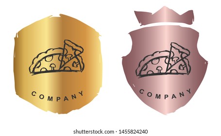 Vector Illustration of Pizza Fast Food with Rose Gold and Gold Banner or Background. Graphic Design for Logo and T-shirt.