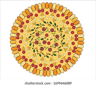 Vector illustration of pizza in the form of a mandala with pepper, salami, olives, tomato, mushrooms, cheese and basil. The image is perfect for cafes and restaurants.