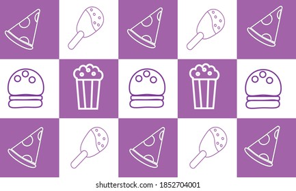 Vector illustration of pizza, fried chicken, popcorn, and burgers with a suitable pattern to place on packaging designs, food court wallpapers, culinary event backgrounds, etc.