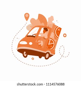 Vector illustration of a pizza guy driving electric scooter delivering pizza order. Dynamic flat design of fast food for mobile app, web, delivery banner.