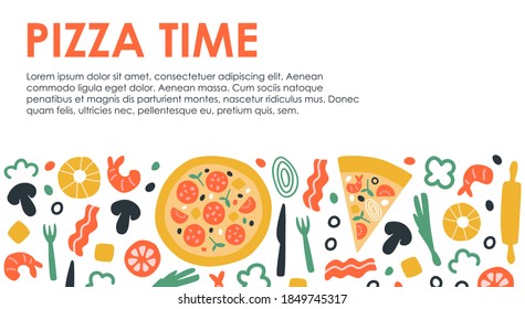 Vector illustration with pizza hand drown frame. Cute artwork in doodle style. Pizza pepperoni with ingredients around. For menu, pizzeria, banner, label and blog. Italian traditional food