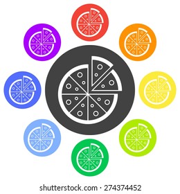 Vector illustration of pizza icon symbol set on white background. Color flat design style. Circle.
