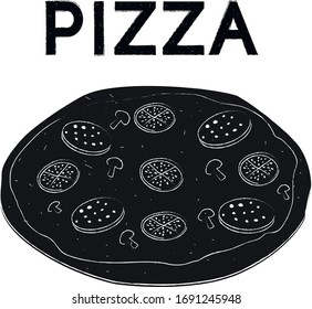 vector illustration pizza. imitation of chalk drawing. lettering inscription. black on a white background, pizza tomato salami, mushrooms, use for print, for signage, advertising