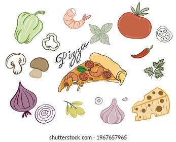 Vector Illustration of a Pizza and Ingredients 