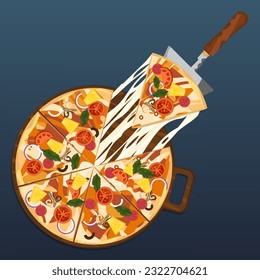 Vector illustration of pizza and ingredients for making mushrooms, tomatoes, pineapples, and cheeses placed on the tray. Black background, top view of pizza with copy space for text, flat sign.