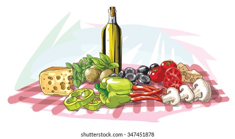 Vector illustration for Pizza ingredients and Mediterranean food.