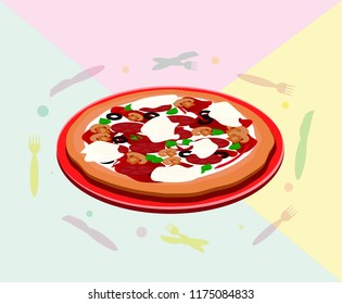 Vector illustration of pizza with ingredients mushrooms, olives, cheese, tomato paste on the plate with forks, knives. Isolated. As template of icon for pizza festival, fest, menu of pizzeria.