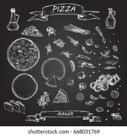 Vector illustration. Pizza and ingredients on blackboard.