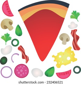 Vector illustration, pizza ingredients toppings set, isolated on white background