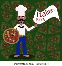 Vector illustration of pizza with Italian chef